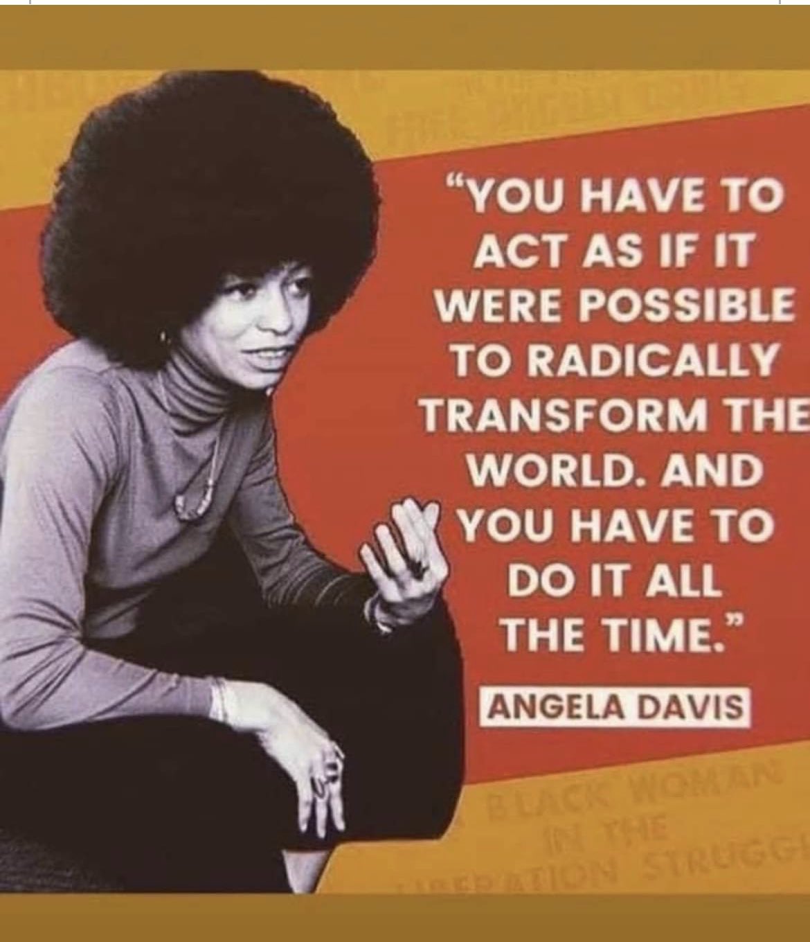 YOU HAVE TO ACT AS IF IT WERE POSSIBLE TO RADICALLY TRANSFORM THE WORLD. AND YOU HAVE TO DO IT ALL THE TIME. - Angela Davis